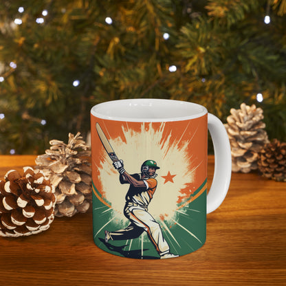 India Cricket Star: Batsman With Willow Bat, National Flag Style - Sport Game - Ceramic Mug 11oz