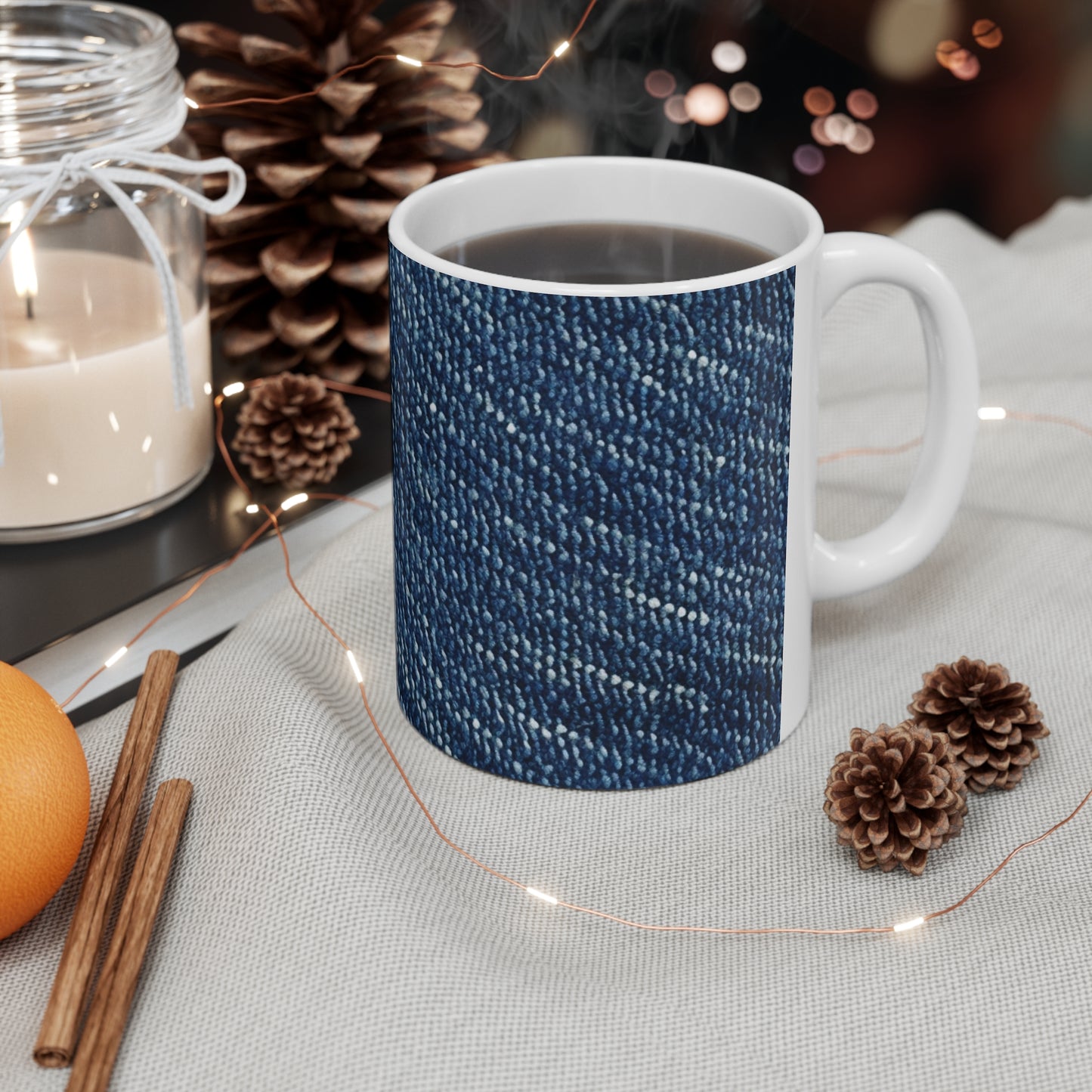 Denim-Inspired Design - Distinct Textured Fabric Pattern - Ceramic Mug 11oz