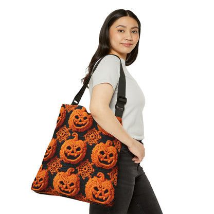 Halloween Crochet Pumpkin Scary Horror Festive Holiday Pattern - Adjustable Tote Bag (AOP)