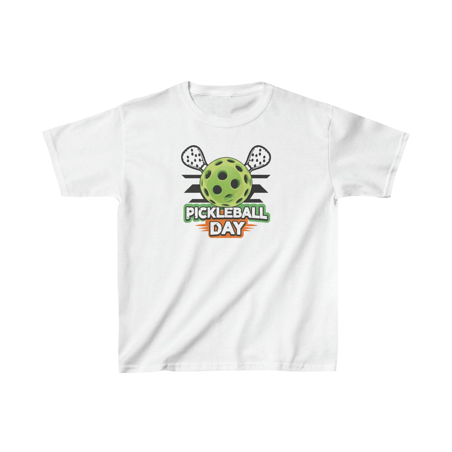 Dynamic Pickleball Day Design with Crossed Paddles and Ball Graphic - Kids Heavy Cotton™ Tee