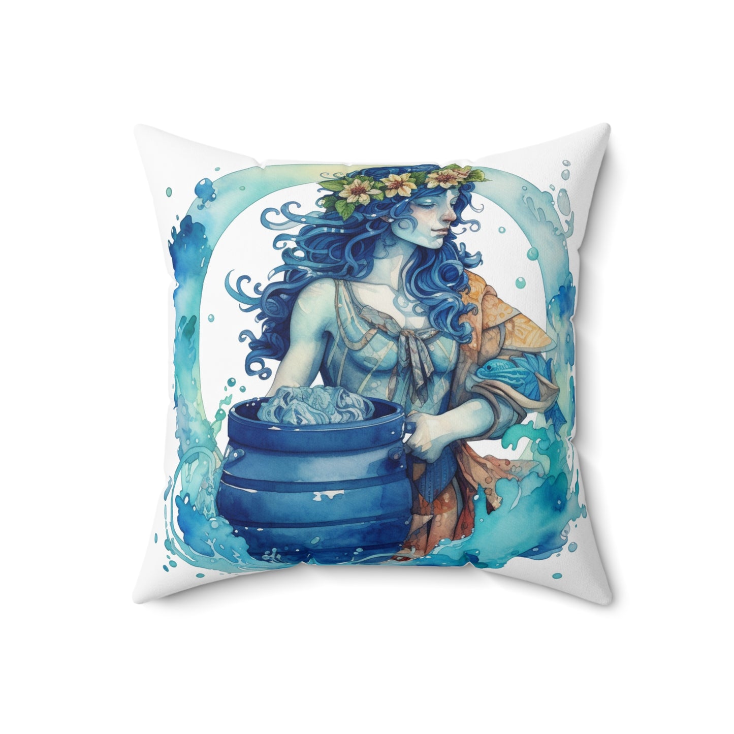 Artistic Aquarius Zodiac - Watercolor Water-Bearer Depiction - Spun Polyester Square Pillow