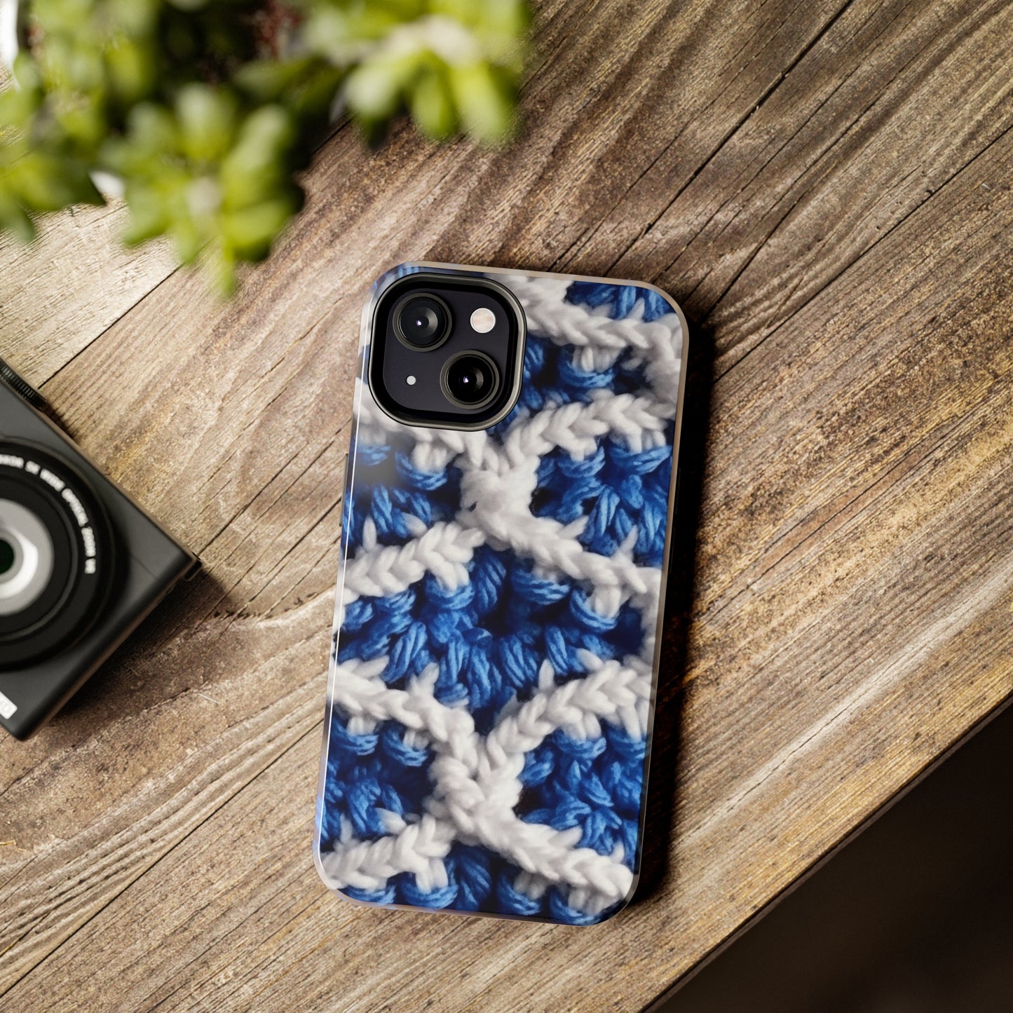 Blueberry Blue Crochet, White Accents, Classic Textured Pattern - Tough Phone Cases