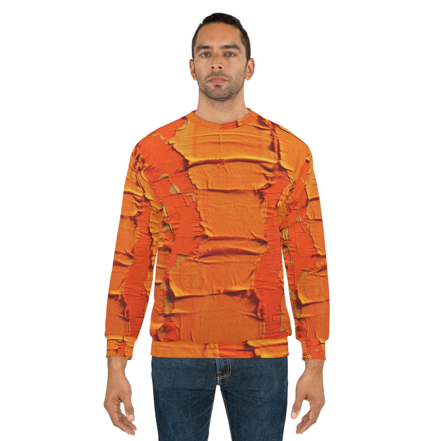 Fiery Citrus Orange: Edgy Distressed, Denim-Inspired Fabric - Unisex Sweatshirt (AOP)