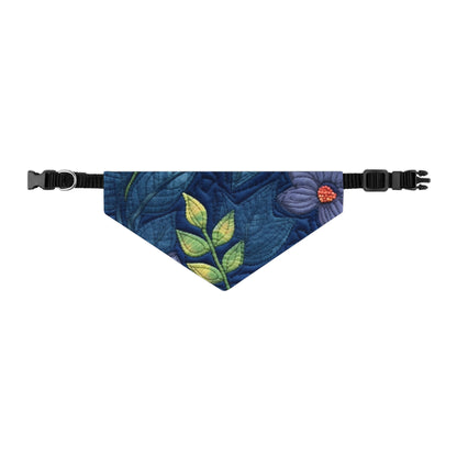 Floral Embroidery Blue: Denim-Inspired, Artisan-Crafted Flower Design - Pet Bandana Collar