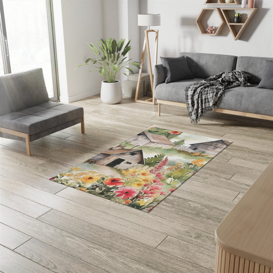 Country Wooden Houses with Flower Blooms - Cottagecore Floral Design - Outdoor Style - Dobby Rug
