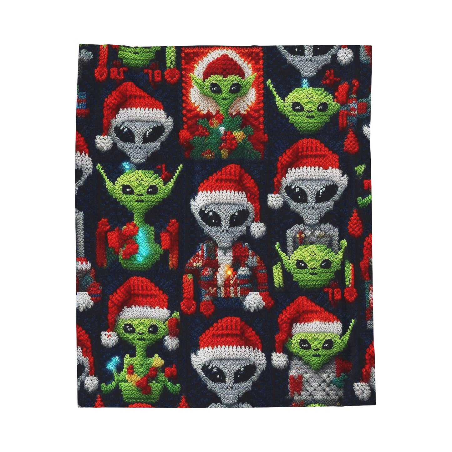 Invasión alienígena festiva: alegría navideña intergaláctica con gorros de Papá Noel y regalos de temporada Patrón de ganchillo - Manta de felpa de pana