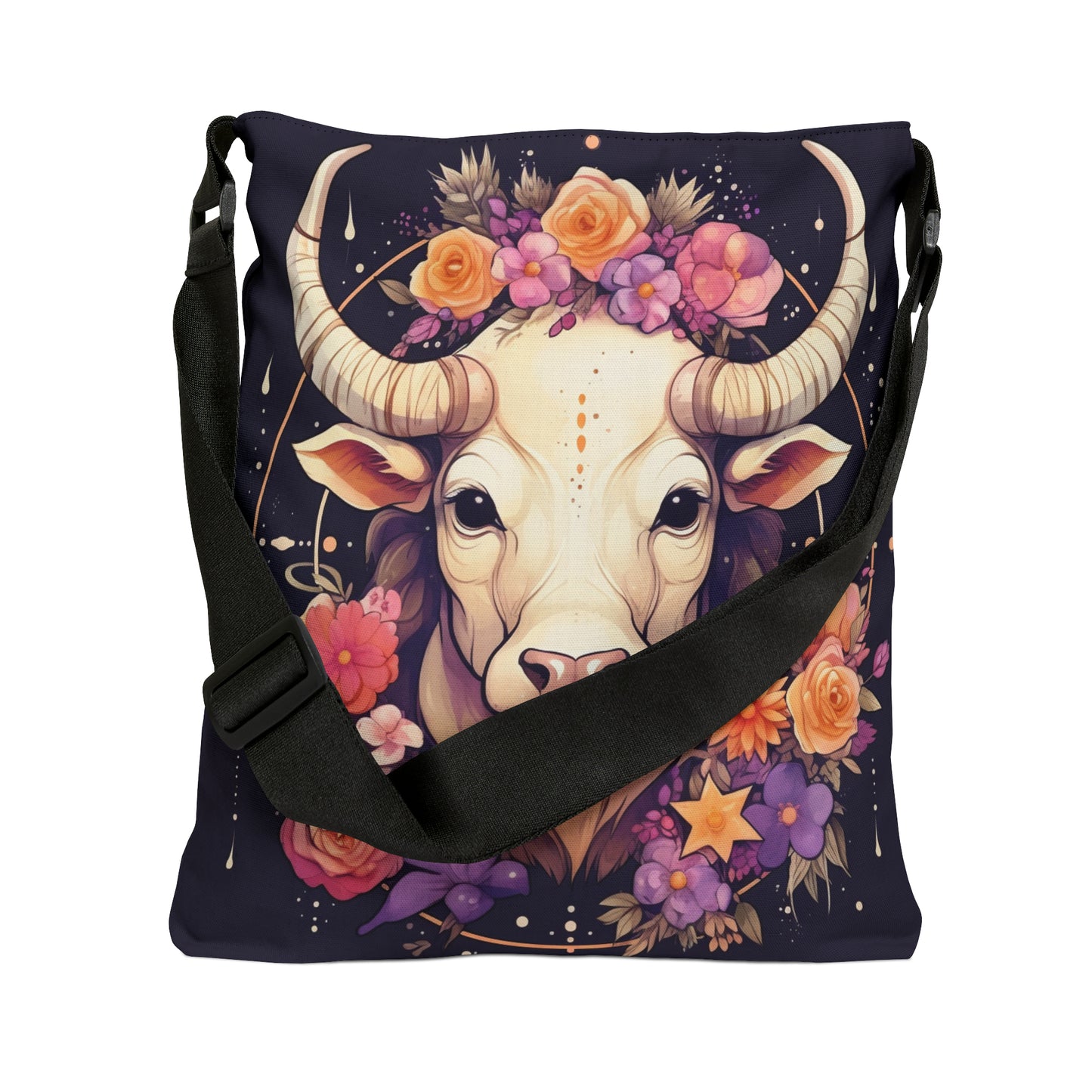 Taurus Zodiac Bull Flower Accents - Astrology Sign - Adjustable Tote Bag (AOP)