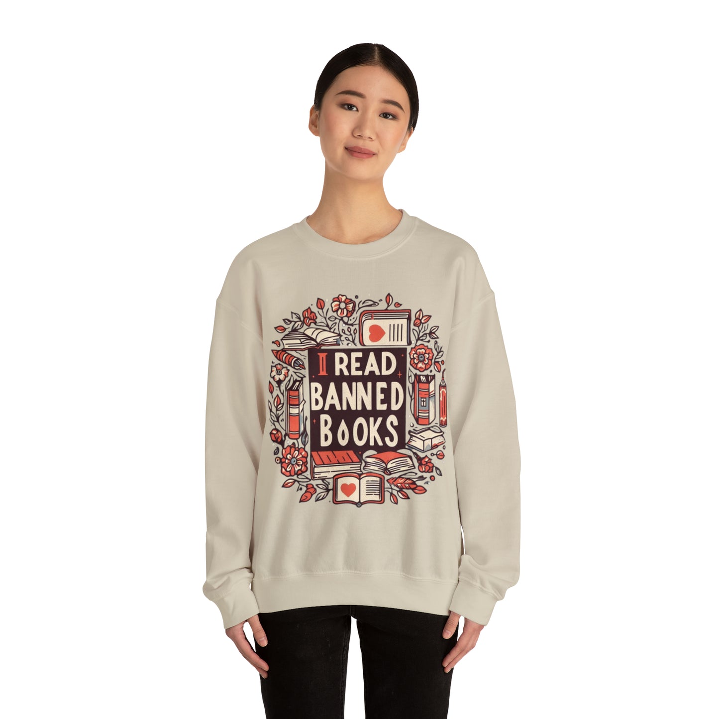 I Read Banned Books - Timeless Floral Bookshelf Illustration - Unisex Heavy Blend™ Crewneck Sweatshirt