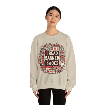 I Read Banned Books - Timeless Floral Bookshelf Illustration - Unisex Heavy Blend™ Crewneck Sweatshirt