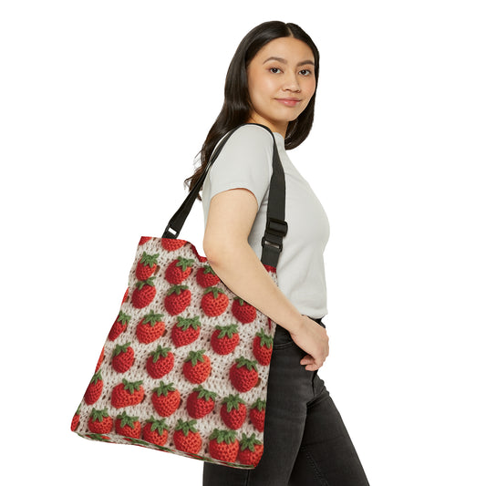 Strawberry Traditional Japanese, Crochet Craft, Fruit Design, Red Berry Pattern - Adjustable Tote Bag (AOP)