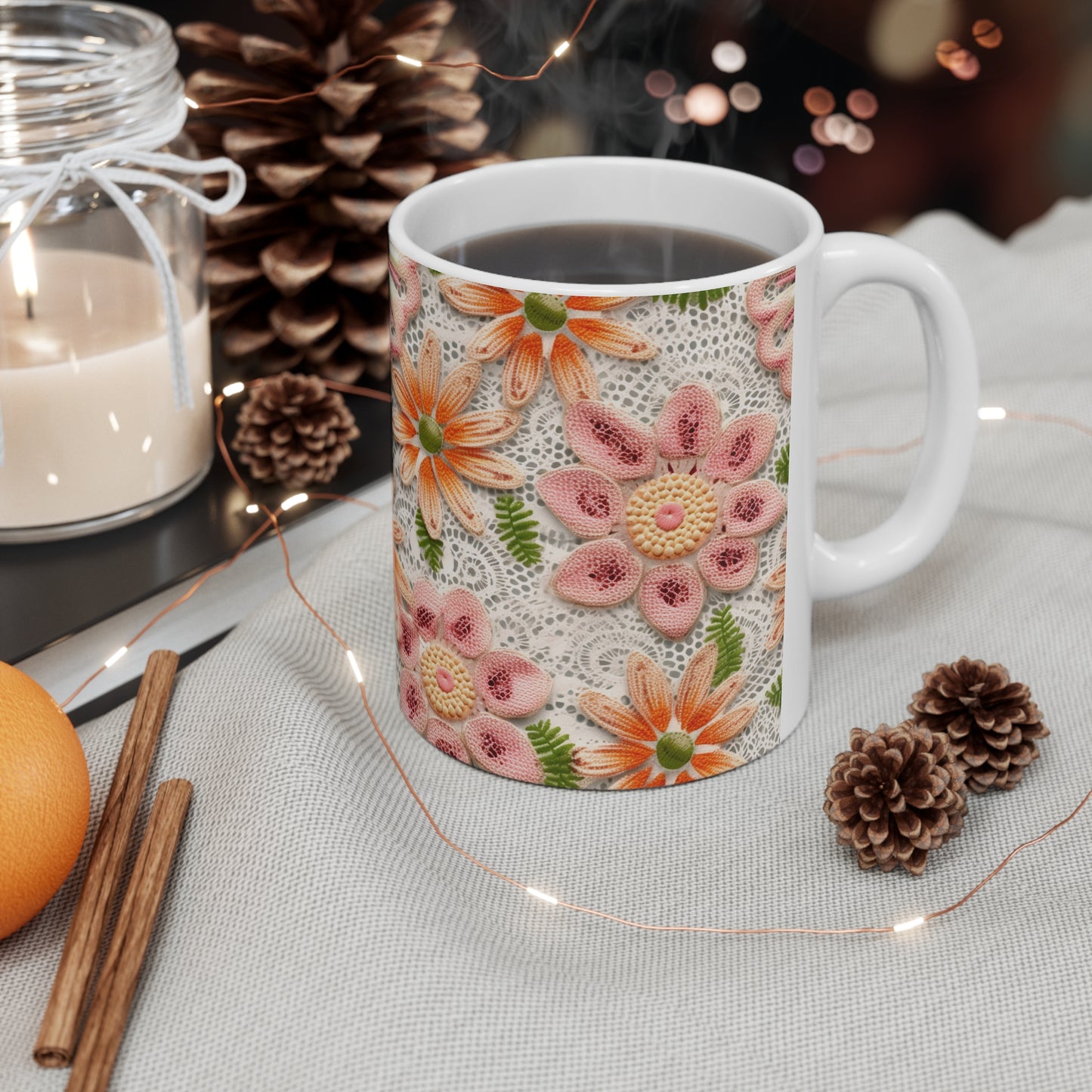 Floral Embroidered Eyelet: Delicate Flower Elegant Pattern - Ceramic Mug 11oz