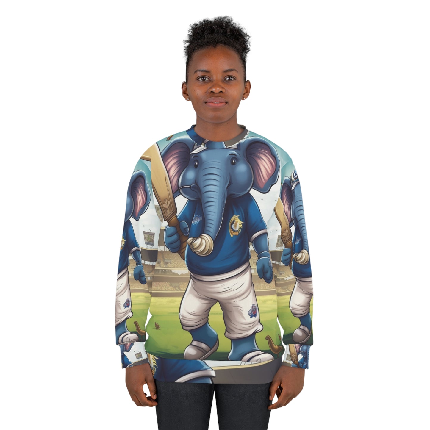 India Elephant Cricket Sport Star: Pitch, Run, Stump Game - Animated Charm - Unisex Sweatshirt (AOP)