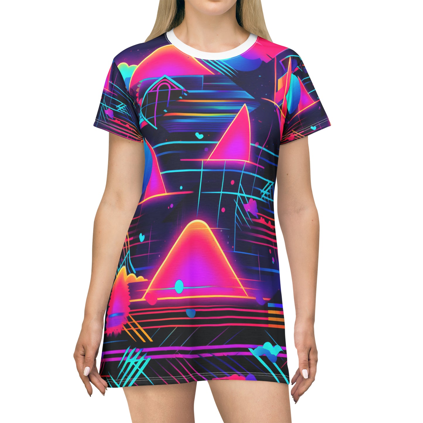 80s Synthwave Retro-Futuristic Inspired Pattern Design T-Shirt Dress (AOP)