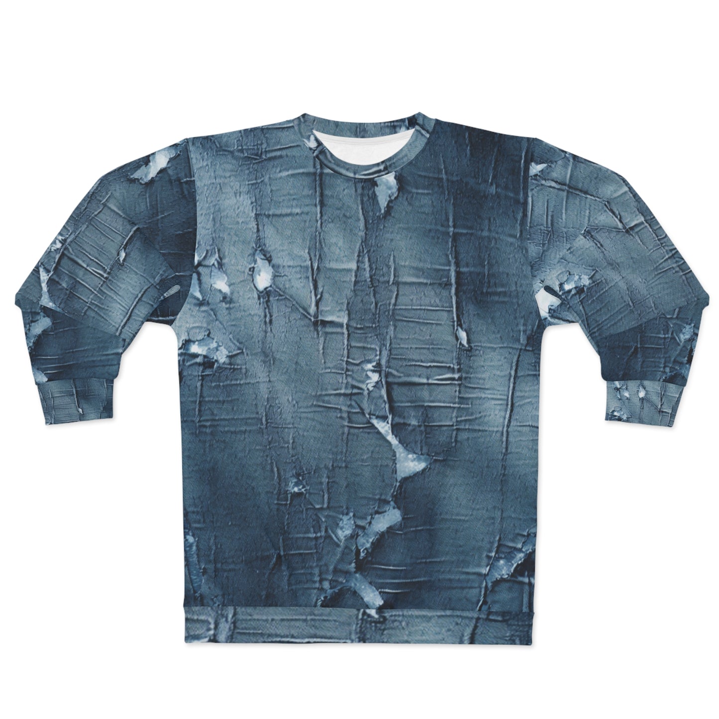 Distressed Blue Denim-Look: Edgy, Torn Fabric Design - Unisex Sweatshirt (AOP)