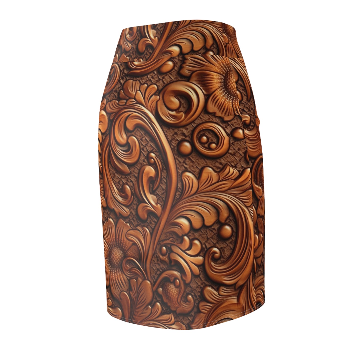 Leather Flower Cognac Classic Brown Timeless American Cowboy Design - Women's Pencil Skirt (AOP)