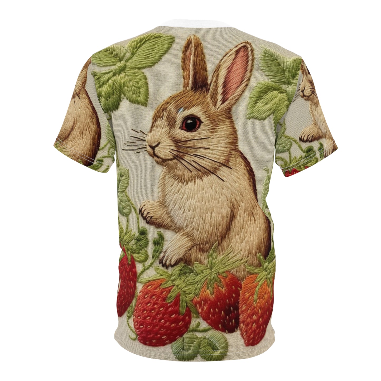 Strawberry Bunny Rabit - Embroidery Style - Strawberries Fruit Munchies - Easter Gift - Unisex Cut & Sew Tee (AOP)