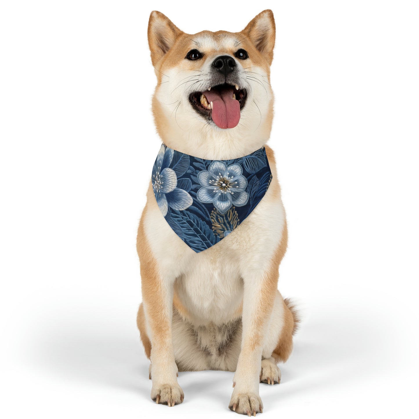 Flower Blossom Embroidery Floral on Denim Style - Pet Bandana Collar