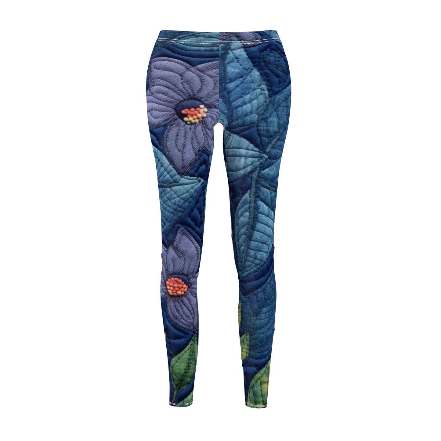 Floral Embroidery Blue: Denim-Inspired, Artisan-Crafted Flower Design - Women's Cut & Sew Casual Leggings (AOP)