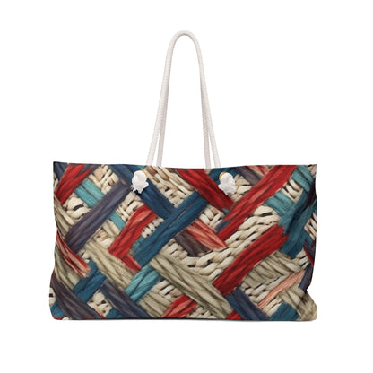 Colorful Yarn Knot: Denim-Inspired Fabric in Red, White, Light Blue - Weekender Bag