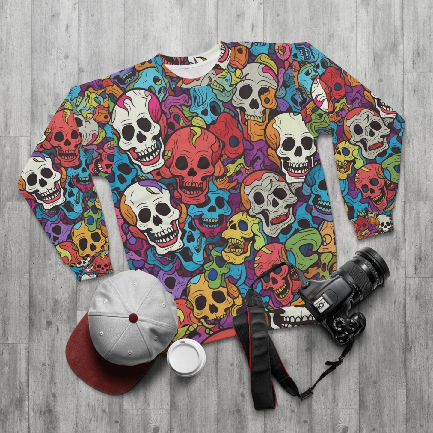 Patrón psicodélico de cabeza de calavera arcoíris, colores vibrantes - Sudadera unisex (AOP) 