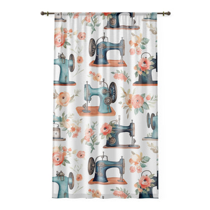 Watercolor Sewing Machines & Floral Bouquets: Antique Feminine Minimalist Styling - Window Curtain