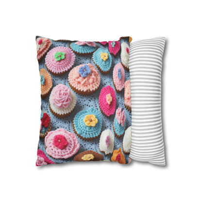 Crochet Cupcake Treat Frosted Cake Dessert Bakery Design - Spun Polyester Square Pillow Case