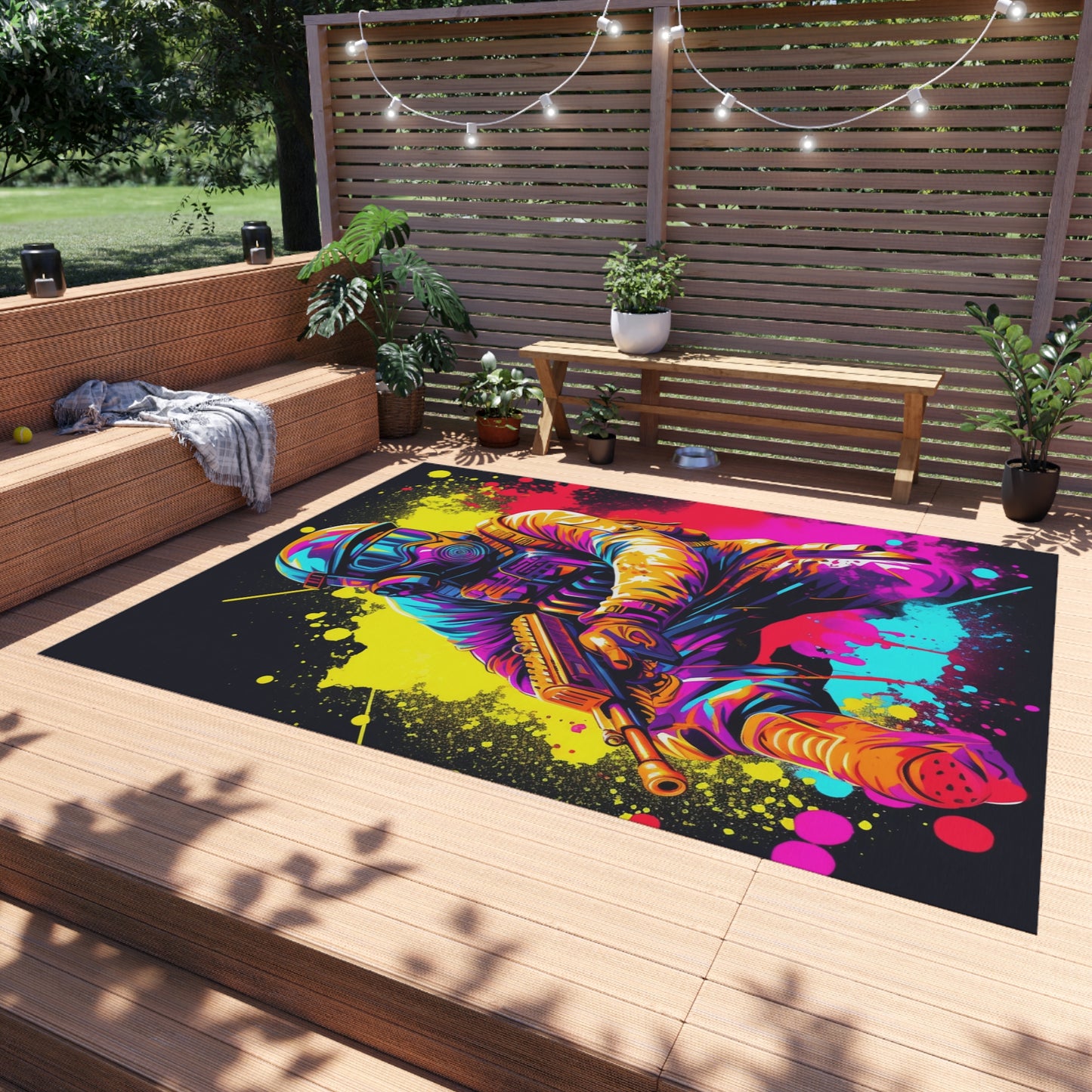 Paintball Action Sport: Player in Battle, Paint Splatter - Outdoor Rug