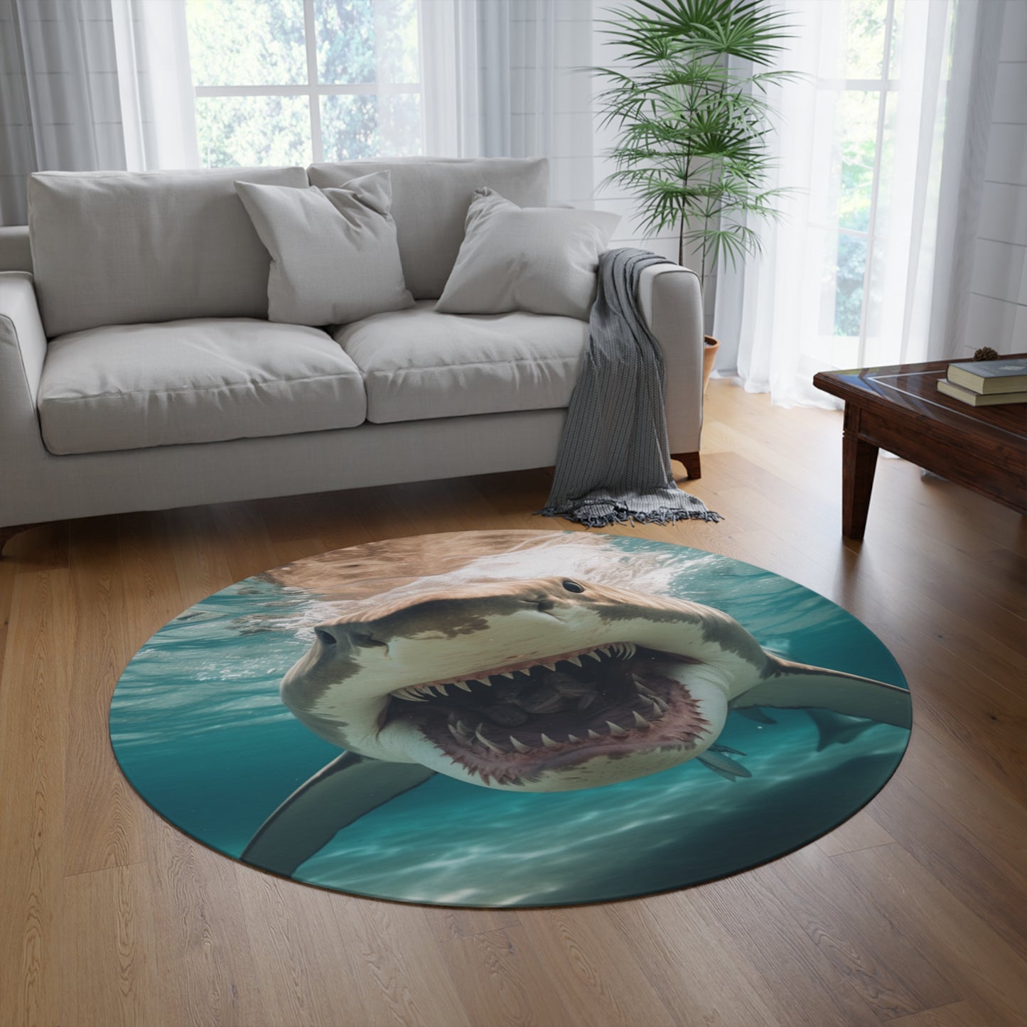 Bull Shark: River Monster Menace - Realistic Dark Water Predator - Round Rug