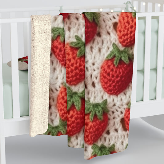 Strawberry Traditional Japanese, Crochet Craft, Fruit Design, Red Berry Pattern - Sherpa Fleece Blanket