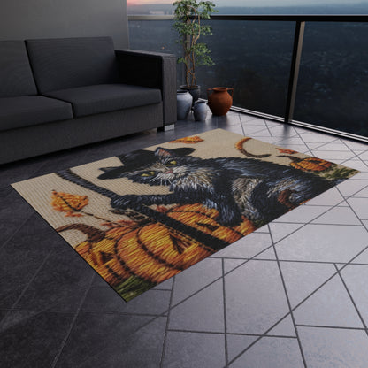 Halloween Cat Magic: Embroidered Style Feline with Pumpkins & Witch Hat - Outdoor Rug