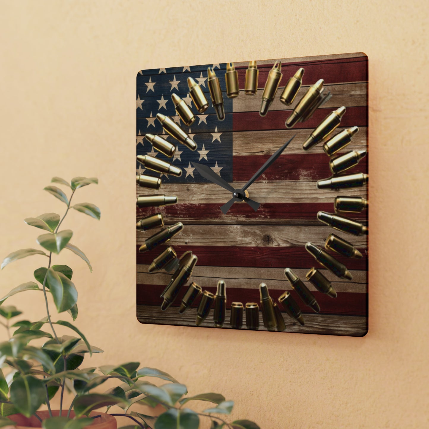 Patriotic American Flag Acrylic Wall Clock, Rustic USA Wall Decor, Hunter's Gift, Americana Pride, Stars & Stripes Timepiece