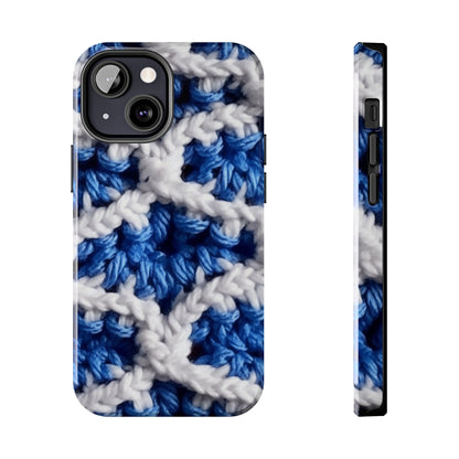 Blueberry Blue Crochet, White Accents, Classic Textured Pattern - Tough Phone Cases