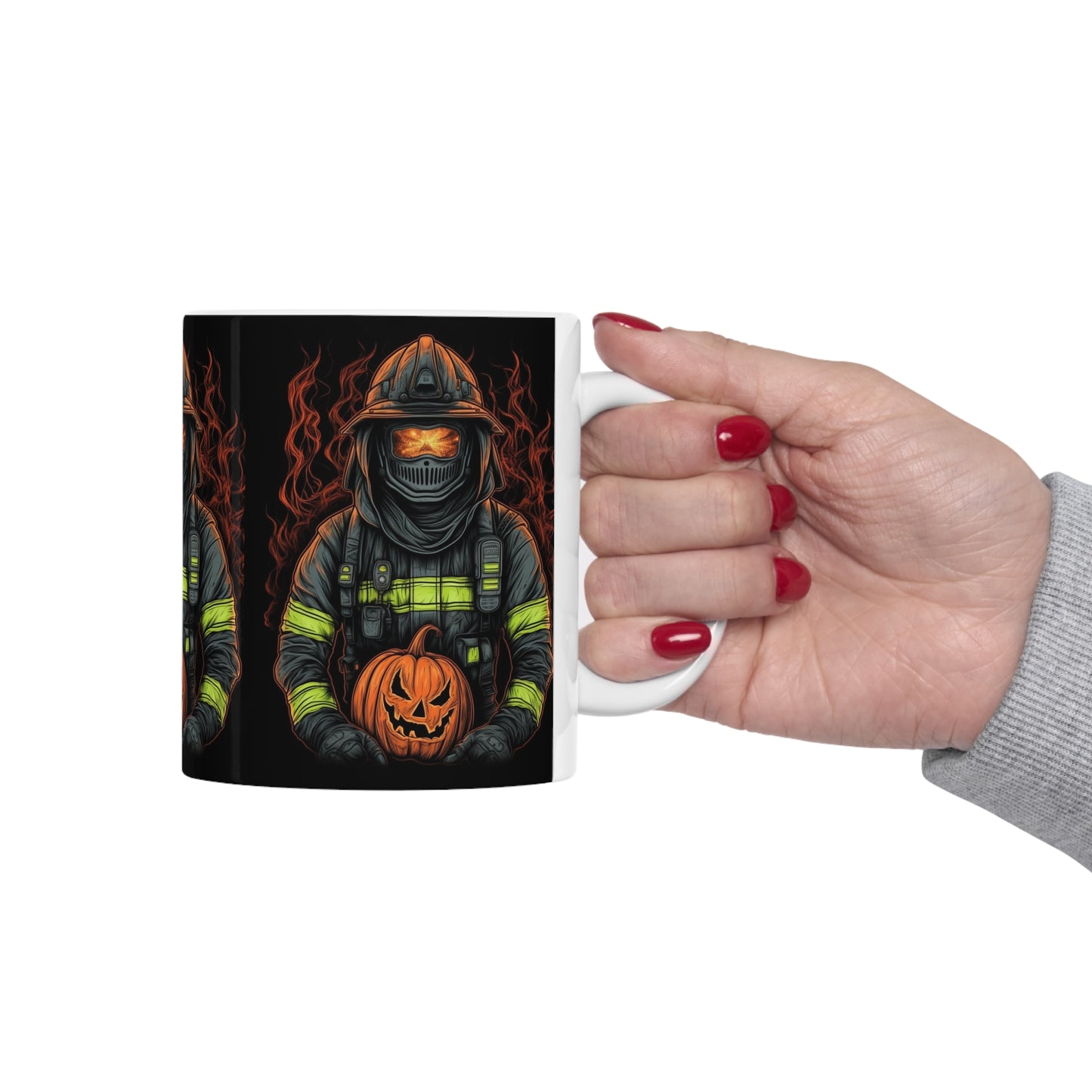 Firefighter Spooky Alert: Facing Haunted Halloween Spirits Scary Fire Pumpkin - Ceramic Mug 11oz