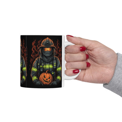 Firefighter Spooky Alert: Facing Haunted Halloween Spirits Scary Fire Pumpkin - Ceramic Mug 11oz