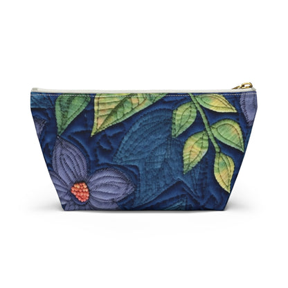 Floral Embroidery Blue: Denim-Inspired, Artisan-Crafted Flower Design - Accessory Pouch w T-bottom