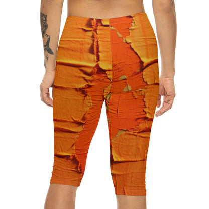 Fiery Citrus Orange: Edgy Distressed, Denim-Inspired Fabric - Women’s Capri Leggings (AOP)