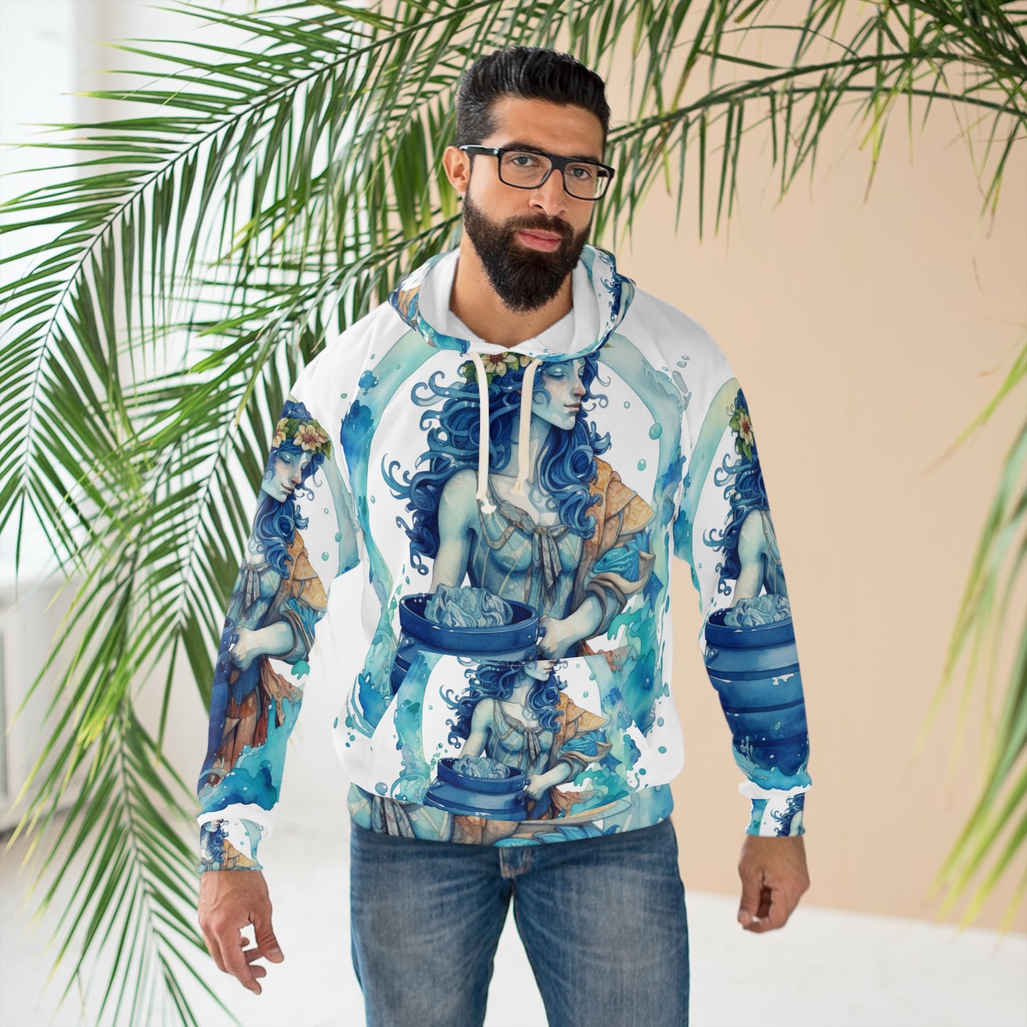 Artistic Aquarius Zodiac - Watercolor Water-Bearer Depiction - Unisex Pullover Hoodie (AOP)