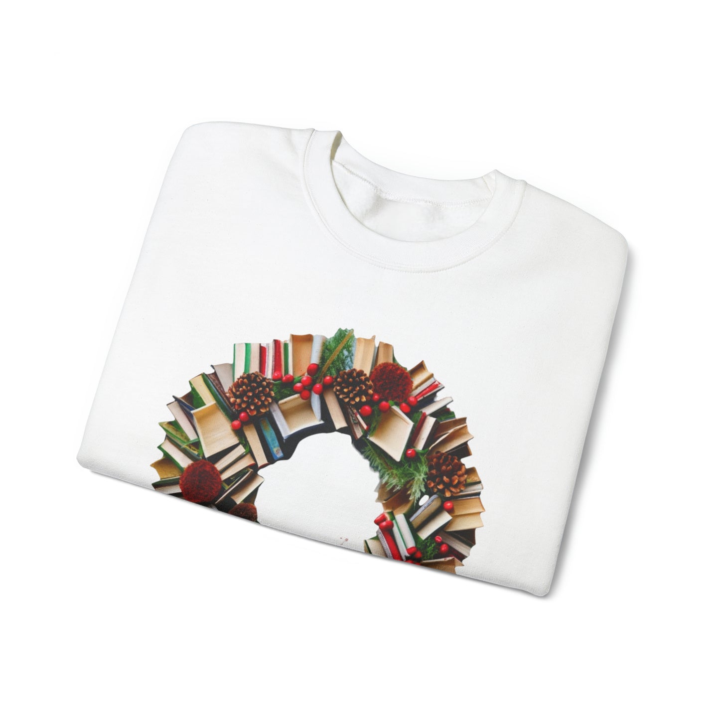 Holiday Book Wreath: Festive Literary Book Lover & Christmas Pinecone Arrangement - Unisex Heavy Blend™ Crewneck Sweatshirt