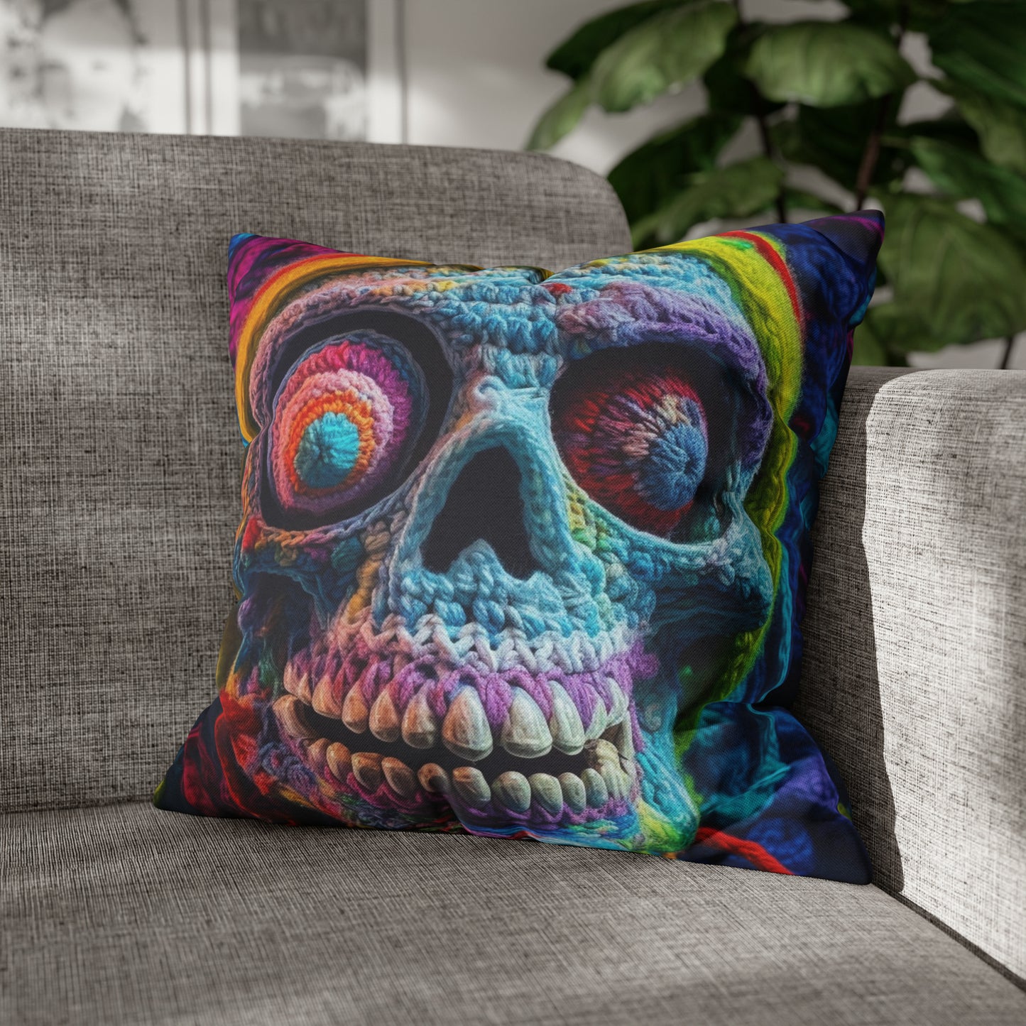 Crochet Skull Halloween Scary Horror Design - Spun Polyester Square Pillow Case