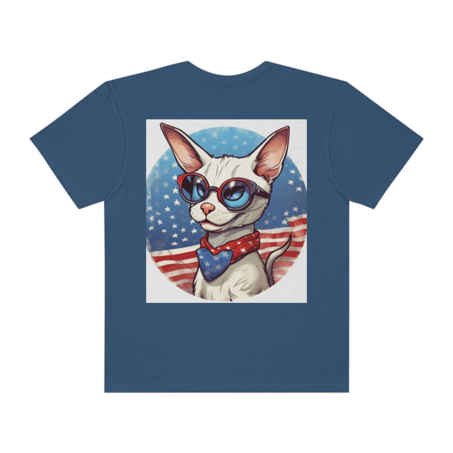 Dibujos animados patrióticos del gato siamés - Cara feliz, animación - Camiseta unisex teñida en prenda