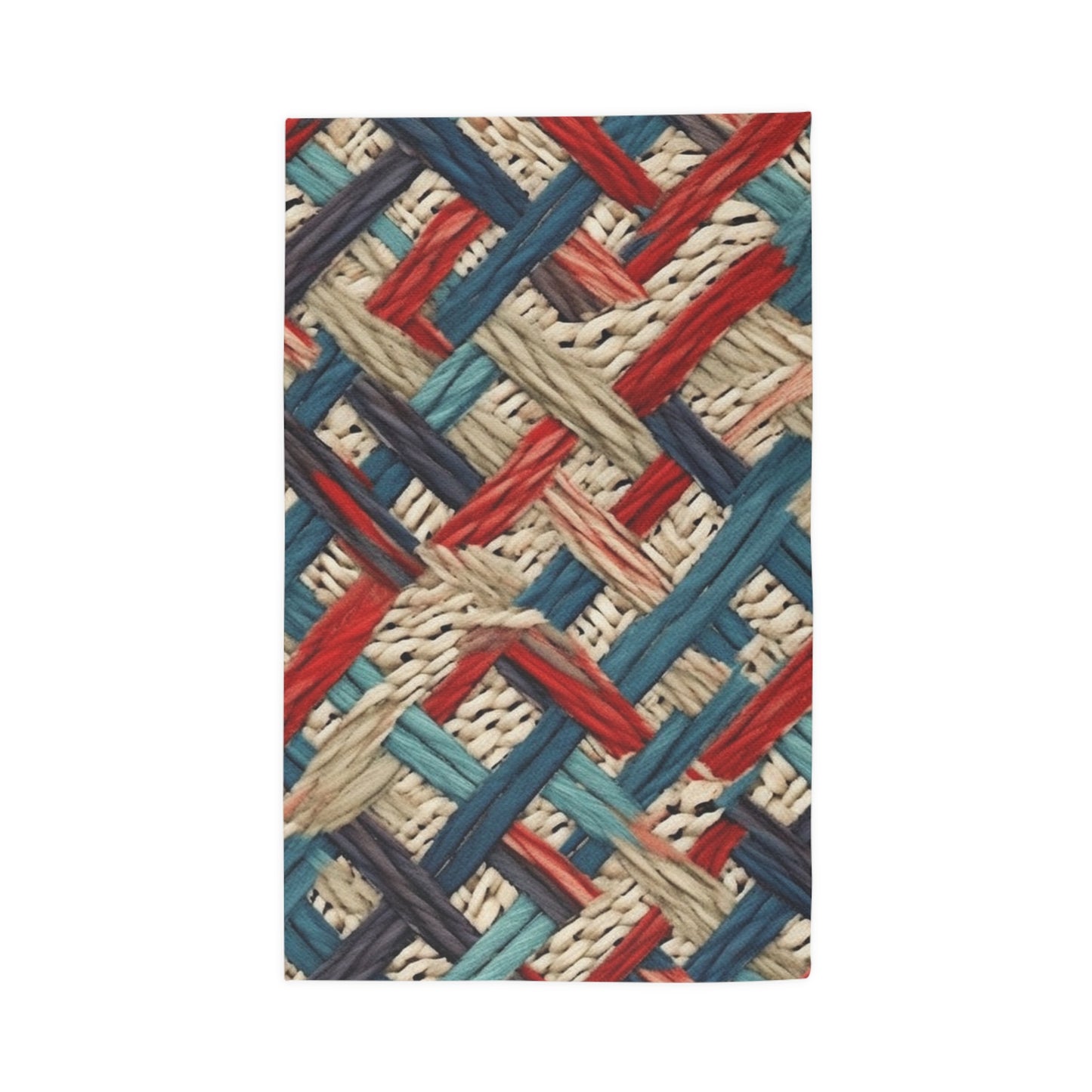 Colorful Yarn Knot: Denim-Inspired Fabric in Red, White, Light Blue - Dobby Rug