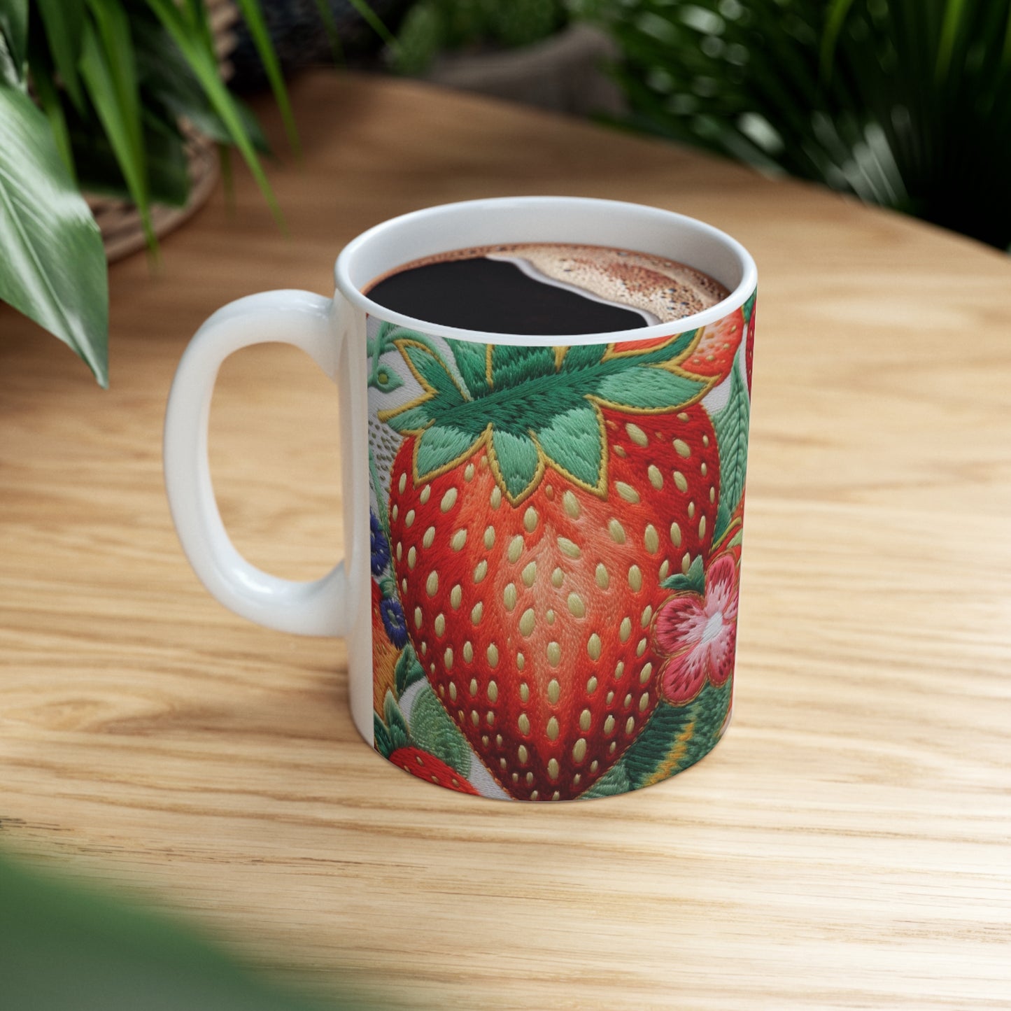 Berry Delight: Sun-Kissed Strawberries Fields Meet Embroidered Style Strawberry Patterns - Ceramic Mug 11oz