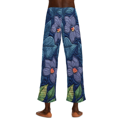 Azul bordado floral: diseño floral artesanal inspirado en la mezclilla - Pantalones de pijama para hombre (AOP) 