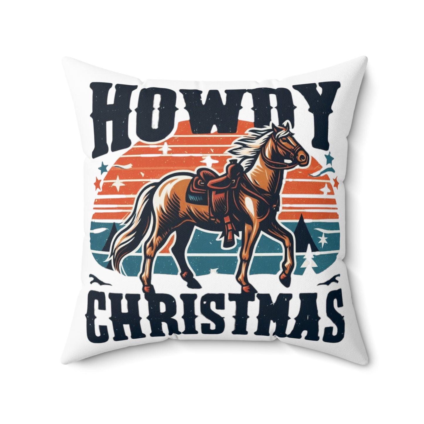 Retro Western Christmas - Howdy Christmas with Patriotic Horse and Star Banner - Spun Polyester Square Pillow