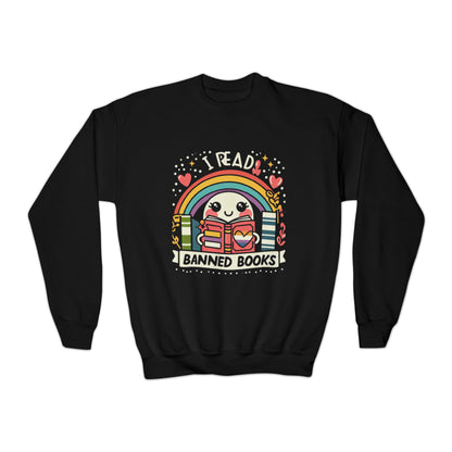 I Read Banned Books - Cheerful Character and Rainbow Arch - Youth Crewneck Sweatshirt