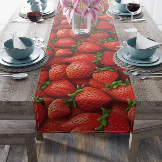 Garden Strawberries- Wild Sweet Gourmet - Farm Growing Ripe Red Fruit -Table Runner (Cotton, Poly)