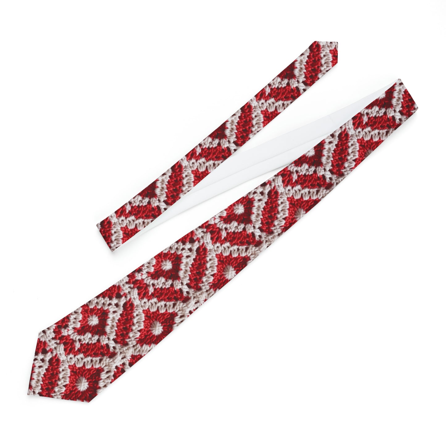 Warm Winter Red & White Crochet Knit: Cinematic Chic Texture Design - Necktie