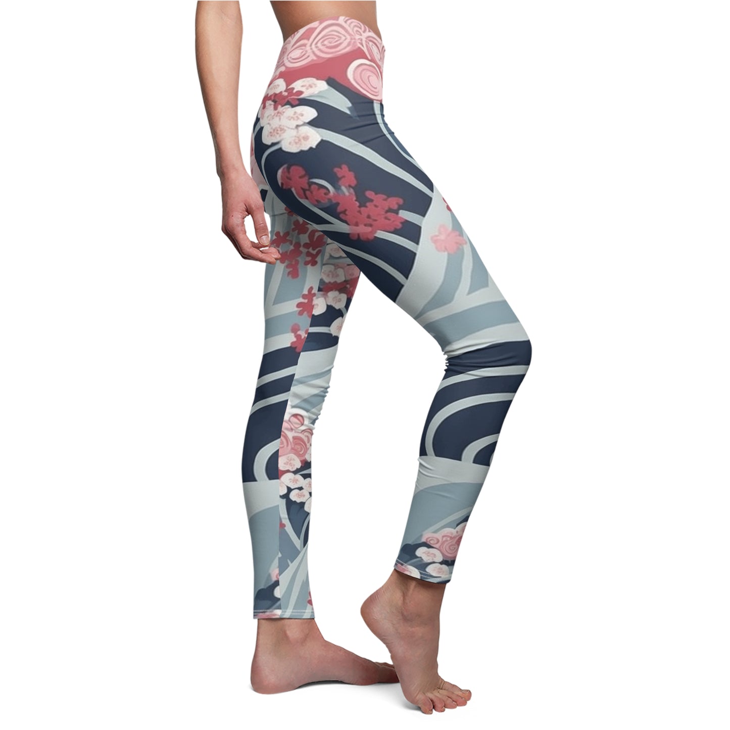 Leggings casuales de corte y costura con patrón de flores de cerezo y ondas minimalistas japonesas para mujer (AOP) 