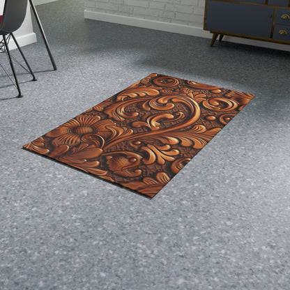 Leather Flower Cognac Classic Brown Timeless American Cowboy Design - Dobby Rug