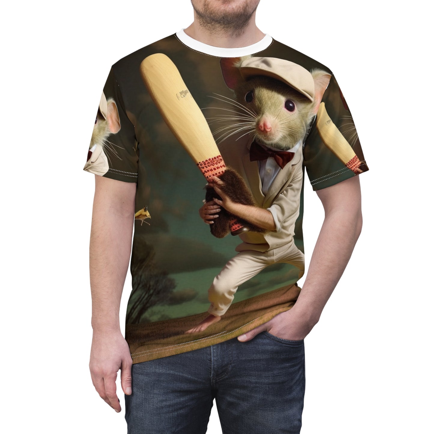 Mouse Cricket Batting, Wicket, Ball Hitting Stump, Howzat Moment - Unisex Cut & Sew Tee (AOP)